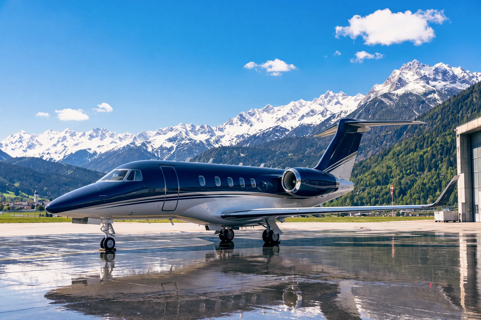 Un jet privato blu fermo sul piazzale, con le Alpi innevate sullo sfondo