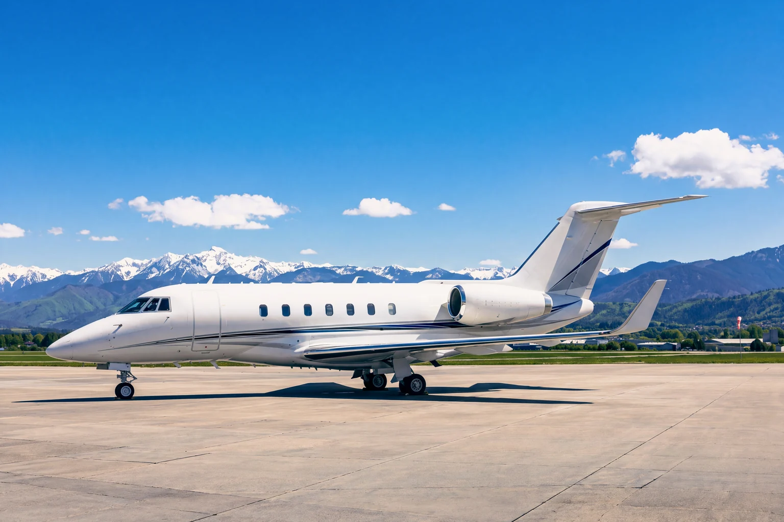 Un jet privato bianco visto di profilo sul piazzale, con le montagne sullo sfondo