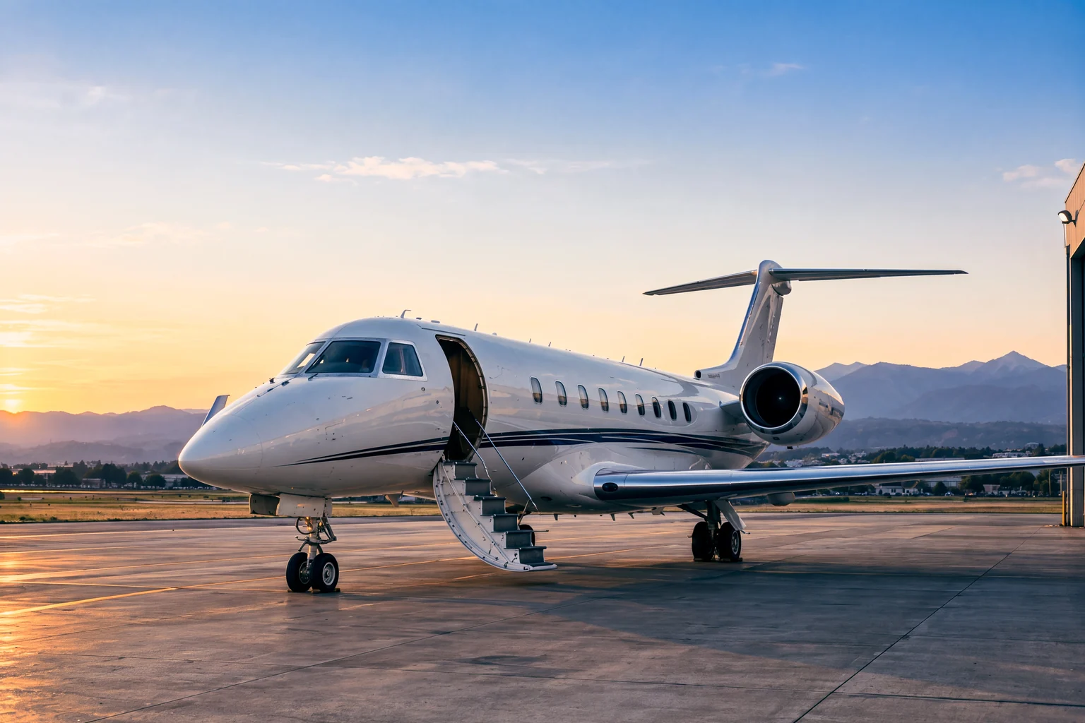 Un jet privato bianco con la scaletta abbassata sul piazzale, al tramonto