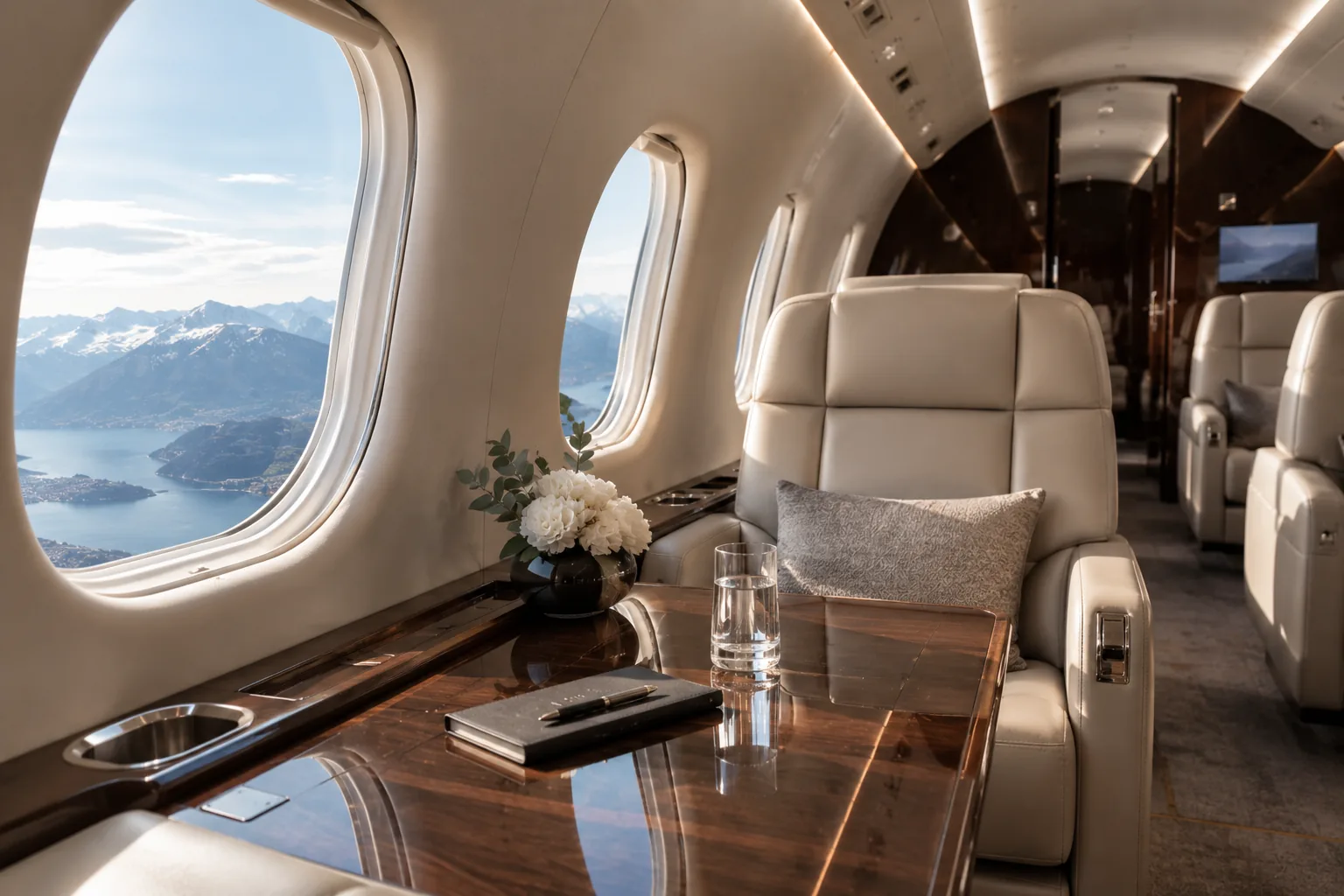 La cabina di un jet privato con una poltrona in pelle chiara, un tavolino in legno con fiori e un bicchiere d’acqua, e dal finestrino il lago e le Alpi
