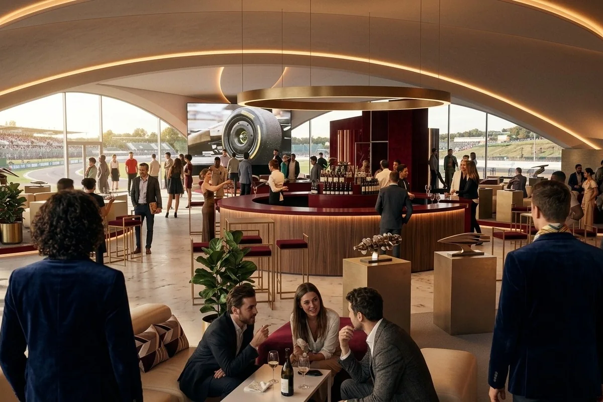 Una hospitality privata affacciata su un circuito di Formula 1, con gli ospiti intorno al bar