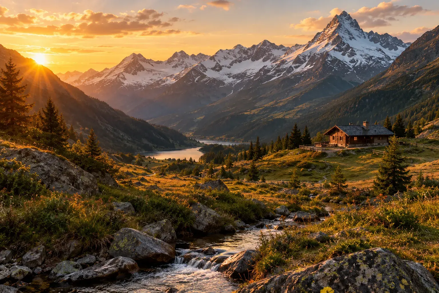 Tramonto su un’alta valle alpina, con un lago, una baita e le cime innevate