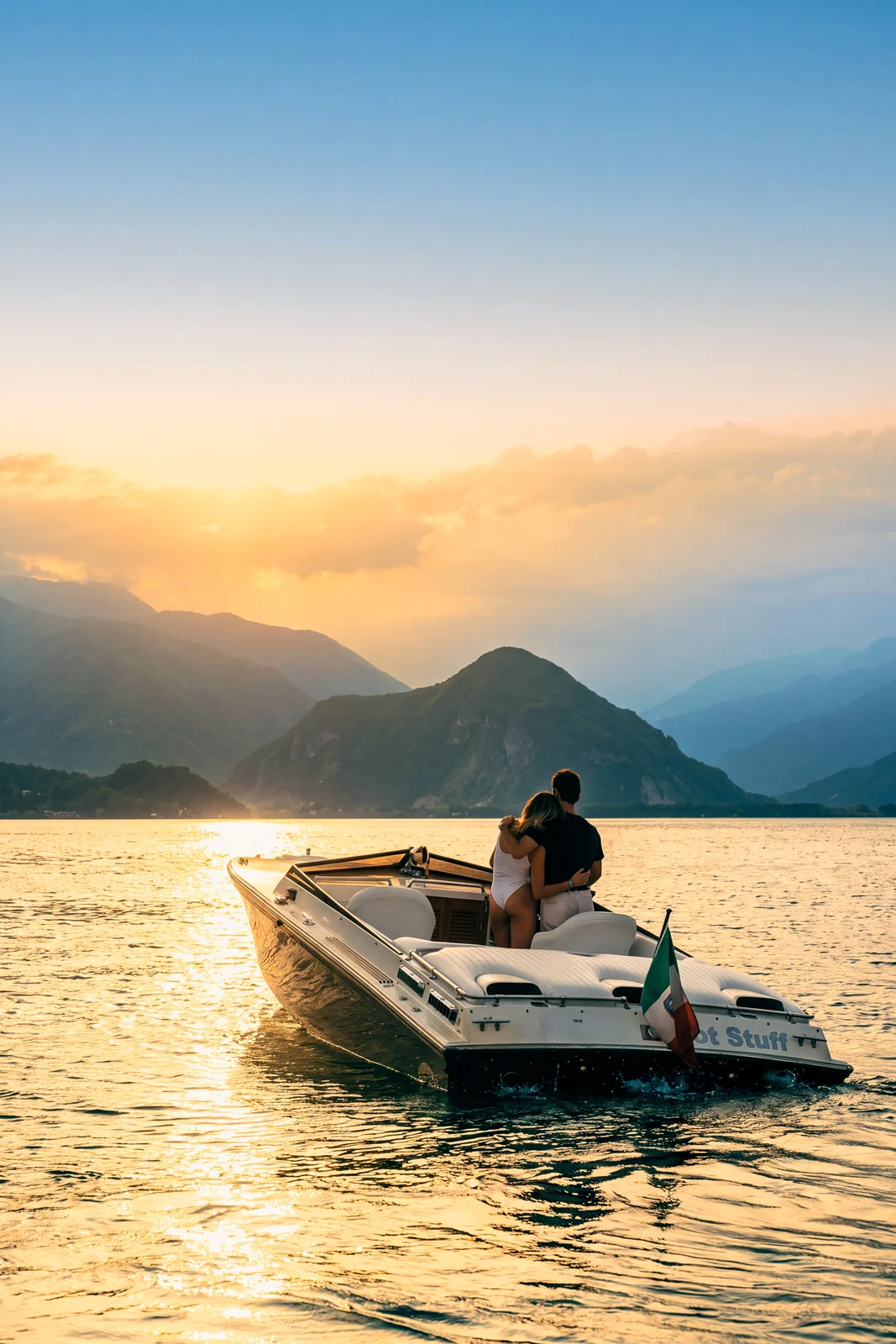 Un motoscafo fermo sul lago nella luce dorata del tramonto, con le montagne in controluce