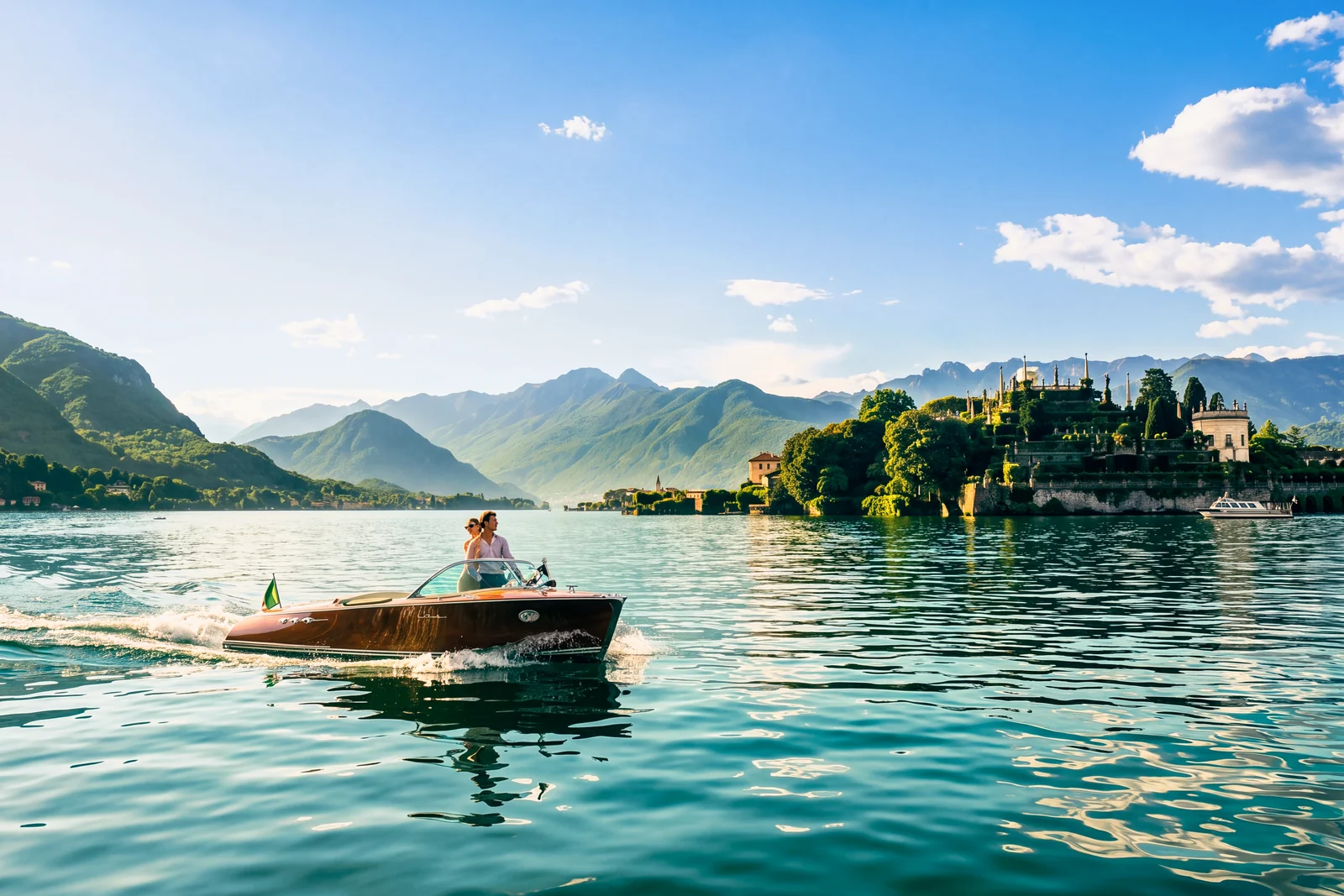 Riva d’epoca all’ormeggio la mattina, con l’isola sullo sfondo